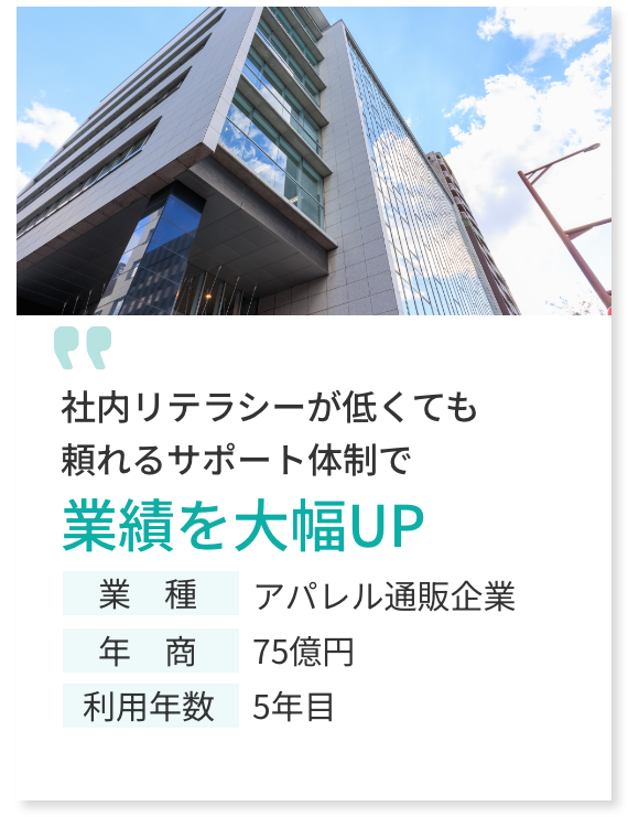 社内リテラシーが低くても頼れるサポート体制で業績を大幅UP